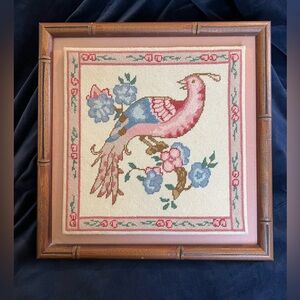 Vintage Hand-Embroidered Bird Needlepoint Framed Art